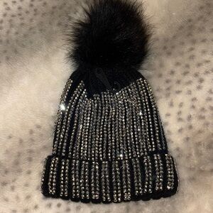 AKIRA Rhinestone Black Beanie and Faux Fur Pom